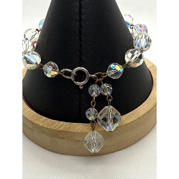 Vintage Aurora Borealis Crystal Beaded Bracelet With Dangling Charms & Spring Ri - Picture 3 of 3
